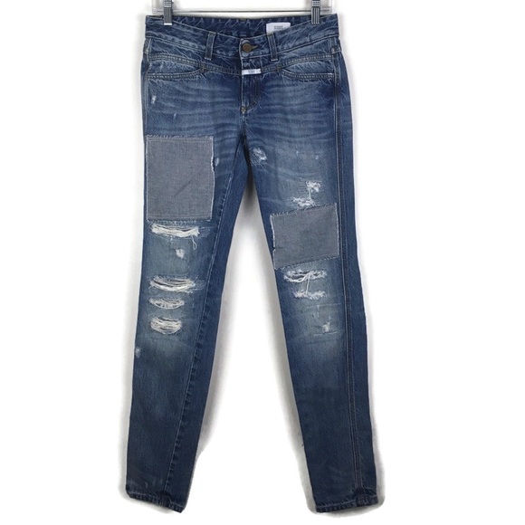 Closed Denim - Closed Mid Rise Patchwork Distressed Denim Skinny Jeans in Medium Blue Wash